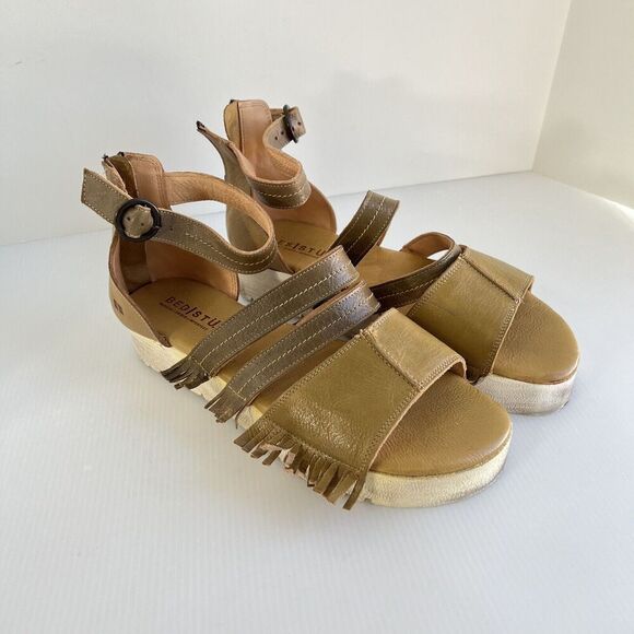 Bed Stu Emelia Fringe Sandals Size 11 Brown Leather Buckle Zip Platform Wedge - Picture 2 of 13